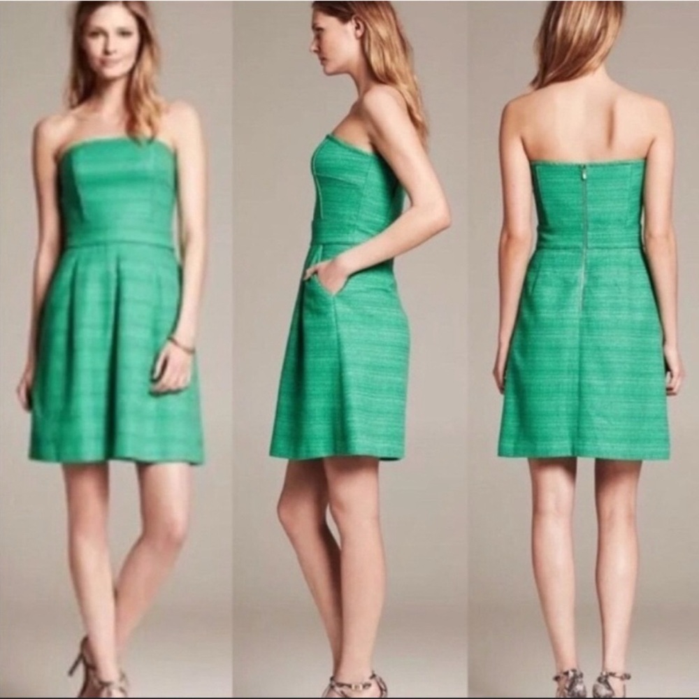 Women's Banana Republic Green Strapless Fit and Flare Tweed Dress/Pockets Size 8